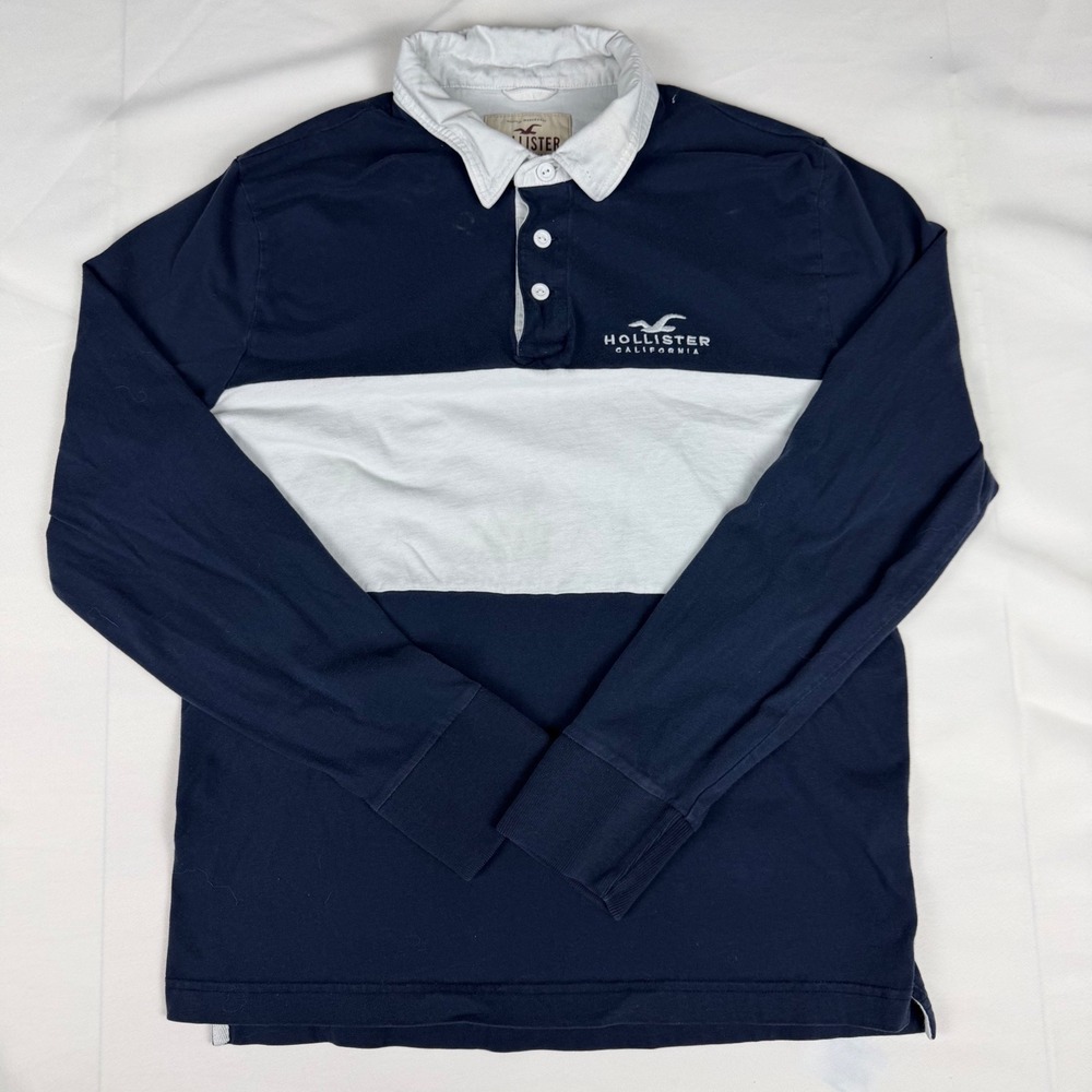 Hollister California Mens Long Sleeve Rugby Polo Shirt Navy Blue White Large